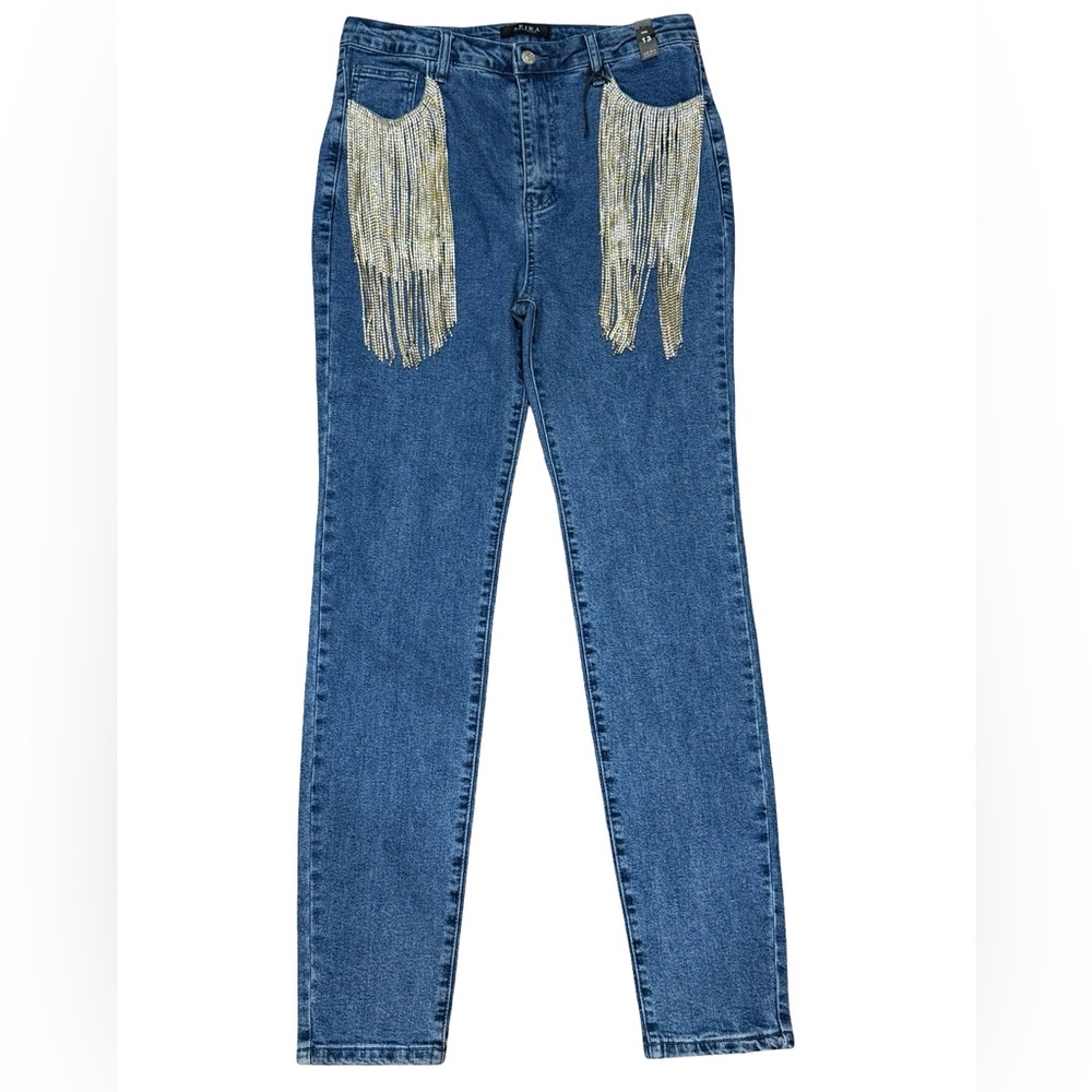 ✨ NWT Akira High-Waisted Rhinestone Fringe Straight-Leg/ Skinny Jeans | Size 31‎